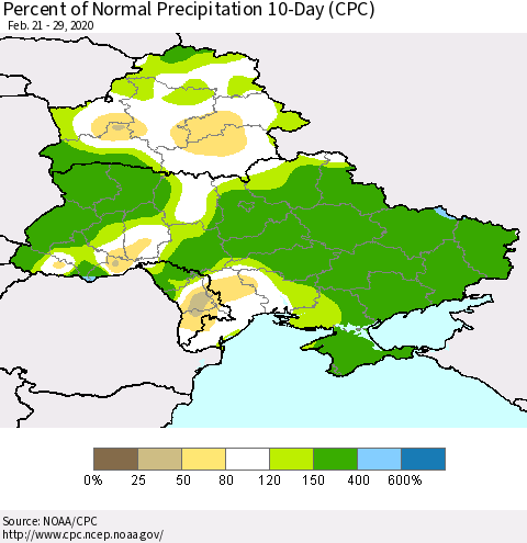 Ukraine, Moldova and Belarus Percent of Normal Precipitation 10-Day (CPC) Thematic Map For 2/21/2020 - 2/29/2020