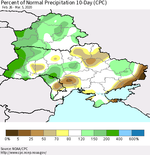 Ukraine, Moldova and Belarus Percent of Normal Precipitation 10-Day (CPC) Thematic Map For 2/26/2020 - 3/5/2020