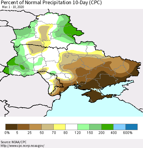 Ukraine, Moldova and Belarus Percent of Normal Precipitation 10-Day (CPC) Thematic Map For 3/1/2020 - 3/10/2020