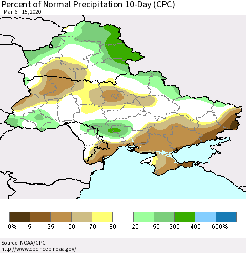 Ukraine, Moldova and Belarus Percent of Normal Precipitation 10-Day (CPC) Thematic Map For 3/6/2020 - 3/15/2020