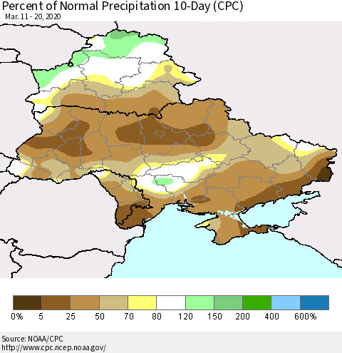 Ukraine, Moldova and Belarus Percent of Normal Precipitation 10-Day (CPC) Thematic Map For 3/11/2020 - 3/20/2020