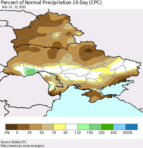 Ukraine, Moldova and Belarus Percent of Normal Precipitation 10-Day (CPC) Thematic Map For 3/16/2020 - 3/25/2020
