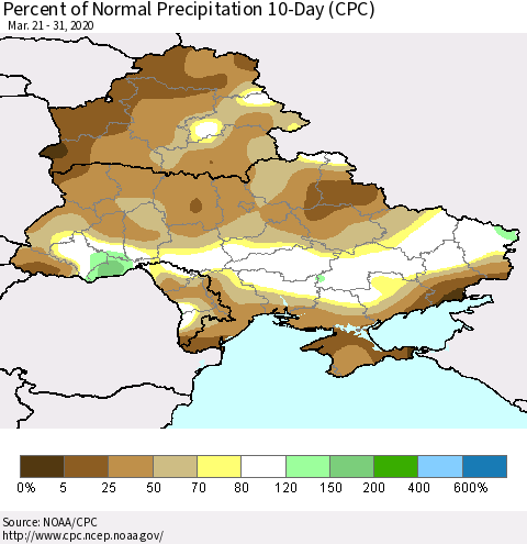 Ukraine, Moldova and Belarus Percent of Normal Precipitation 10-Day (CPC) Thematic Map For 3/21/2020 - 3/31/2020