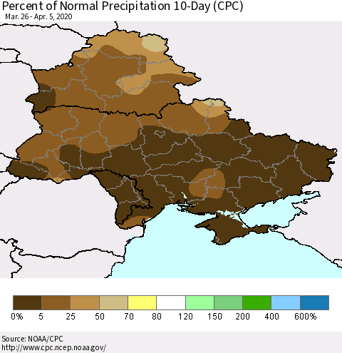 Ukraine, Moldova and Belarus Percent of Normal Precipitation 10-Day (CPC) Thematic Map For 3/26/2020 - 4/5/2020