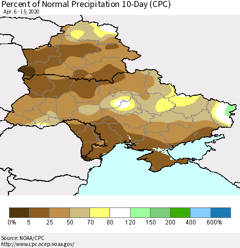 Ukraine, Moldova and Belarus Percent of Normal Precipitation 10-Day (CPC) Thematic Map For 4/6/2020 - 4/15/2020