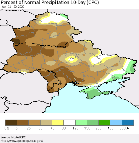 Ukraine, Moldova and Belarus Percent of Normal Precipitation 10-Day (CPC) Thematic Map For 4/11/2020 - 4/20/2020