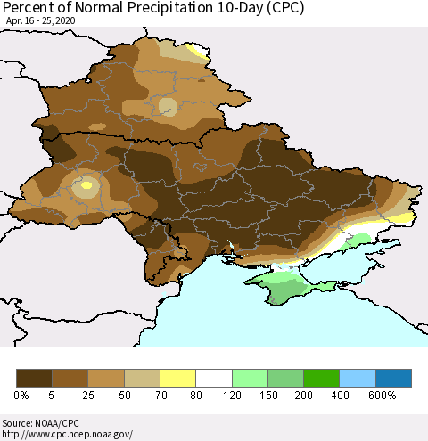 Ukraine, Moldova and Belarus Percent of Normal Precipitation 10-Day (CPC) Thematic Map For 4/16/2020 - 4/25/2020
