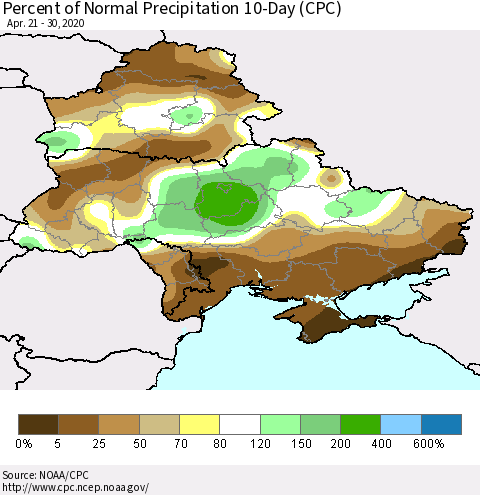 Ukraine, Moldova and Belarus Percent of Normal Precipitation 10-Day (CPC) Thematic Map For 4/21/2020 - 4/30/2020