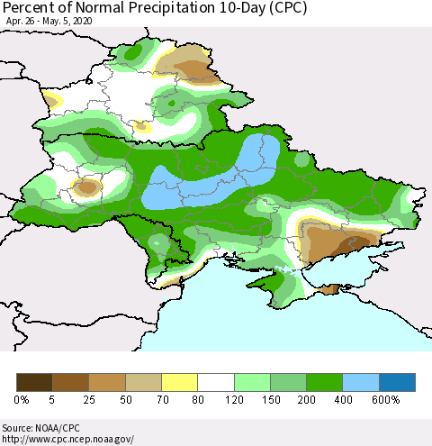 Ukraine, Moldova and Belarus Percent of Normal Precipitation 10-Day (CPC) Thematic Map For 4/26/2020 - 5/5/2020