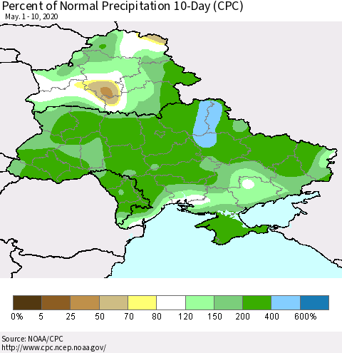 Ukraine, Moldova and Belarus Percent of Normal Precipitation 10-Day (CPC) Thematic Map For 5/1/2020 - 5/10/2020