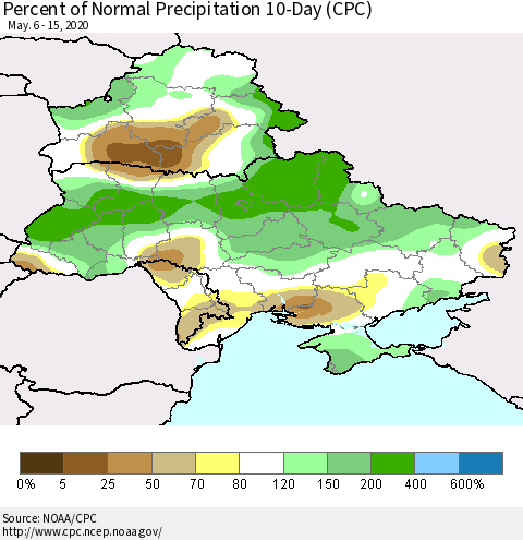 Ukraine, Moldova and Belarus Percent of Normal Precipitation 10-Day (CPC) Thematic Map For 5/6/2020 - 5/15/2020