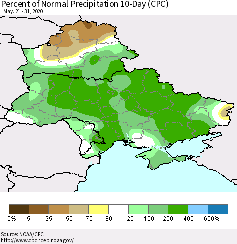 Ukraine, Moldova and Belarus Percent of Normal Precipitation 10-Day (CPC) Thematic Map For 5/21/2020 - 5/31/2020