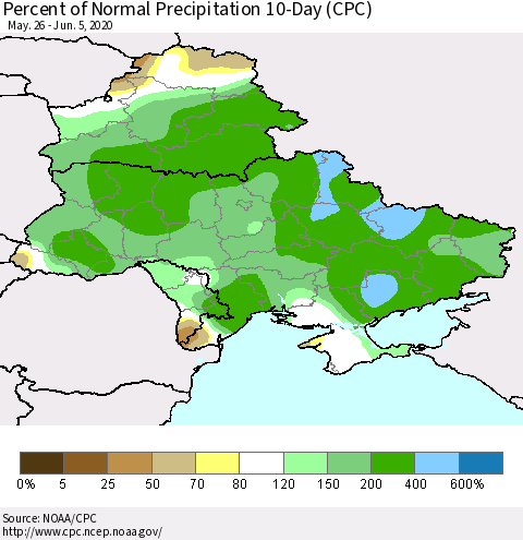 Ukraine, Moldova and Belarus Percent of Normal Precipitation 10-Day (CPC) Thematic Map For 5/26/2020 - 6/5/2020