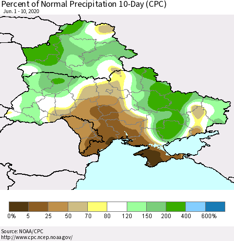 Ukraine, Moldova and Belarus Percent of Normal Precipitation 10-Day (CPC) Thematic Map For 6/1/2020 - 6/10/2020