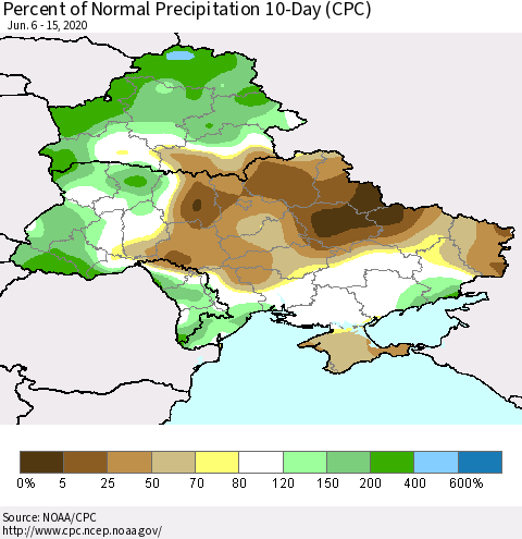 Ukraine, Moldova and Belarus Percent of Normal Precipitation 10-Day (CPC) Thematic Map For 6/6/2020 - 6/15/2020
