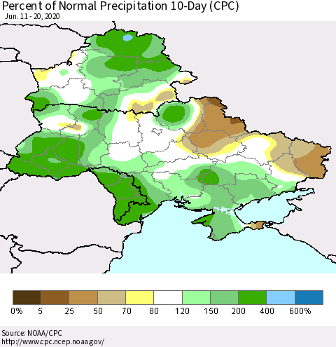 Ukraine, Moldova and Belarus Percent of Normal Precipitation 10-Day (CPC) Thematic Map For 6/11/2020 - 6/20/2020