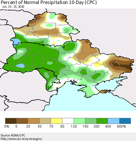 Ukraine, Moldova and Belarus Percent of Normal Precipitation 10-Day (CPC) Thematic Map For 6/16/2020 - 6/25/2020