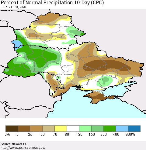Ukraine, Moldova and Belarus Percent of Normal Precipitation 10-Day (CPC) Thematic Map For 6/21/2020 - 6/30/2020