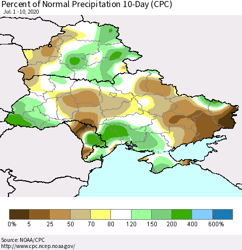 Ukraine, Moldova and Belarus Percent of Normal Precipitation 10-Day (CPC) Thematic Map For 7/1/2020 - 7/10/2020