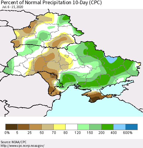 Ukraine, Moldova and Belarus Percent of Normal Precipitation 10-Day (CPC) Thematic Map For 7/6/2020 - 7/15/2020