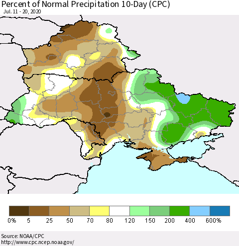 Ukraine, Moldova and Belarus Percent of Normal Precipitation 10-Day (CPC) Thematic Map For 7/11/2020 - 7/20/2020