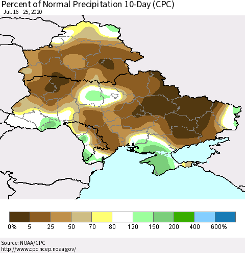 Ukraine, Moldova and Belarus Percent of Normal Precipitation 10-Day (CPC) Thematic Map For 7/16/2020 - 7/25/2020