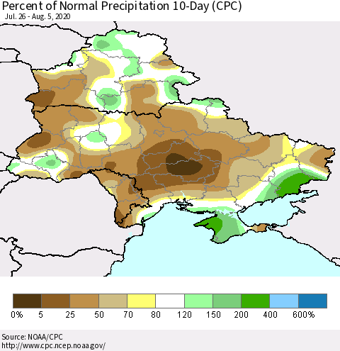 Ukraine, Moldova and Belarus Percent of Normal Precipitation 10-Day (CPC) Thematic Map For 7/26/2020 - 8/5/2020