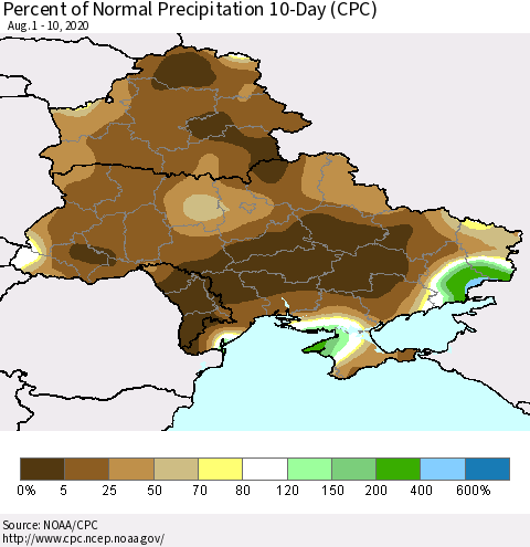Ukraine, Moldova and Belarus Percent of Normal Precipitation 10-Day (CPC) Thematic Map For 8/1/2020 - 8/10/2020