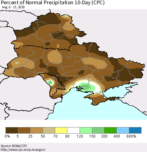Ukraine, Moldova and Belarus Percent of Normal Precipitation 10-Day (CPC) Thematic Map For 8/6/2020 - 8/15/2020