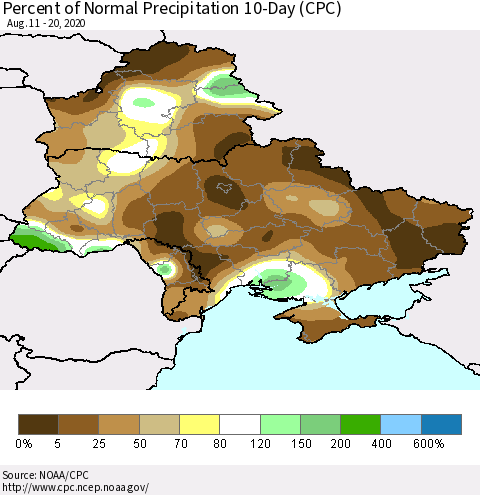 Ukraine, Moldova and Belarus Percent of Normal Precipitation 10-Day (CPC) Thematic Map For 8/11/2020 - 8/20/2020