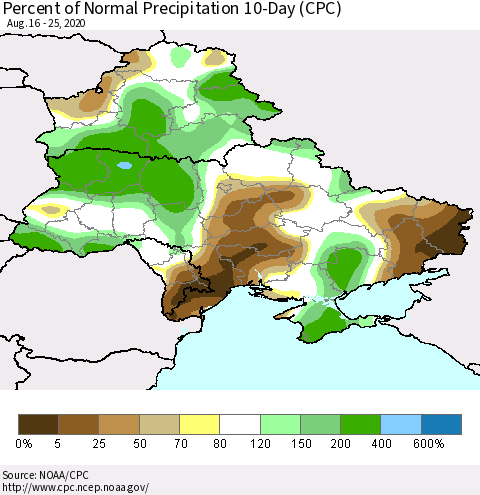 Ukraine, Moldova and Belarus Percent of Normal Precipitation 10-Day (CPC) Thematic Map For 8/16/2020 - 8/25/2020