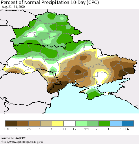Ukraine, Moldova and Belarus Percent of Normal Precipitation 10-Day (CPC) Thematic Map For 8/21/2020 - 8/31/2020