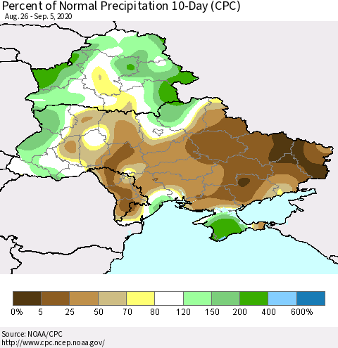 Ukraine, Moldova and Belarus Percent of Normal Precipitation 10-Day (CPC) Thematic Map For 8/26/2020 - 9/5/2020