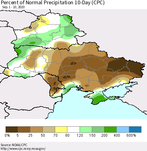 Ukraine, Moldova and Belarus Percent of Normal Precipitation 10-Day (CPC) Thematic Map For 9/1/2020 - 9/10/2020
