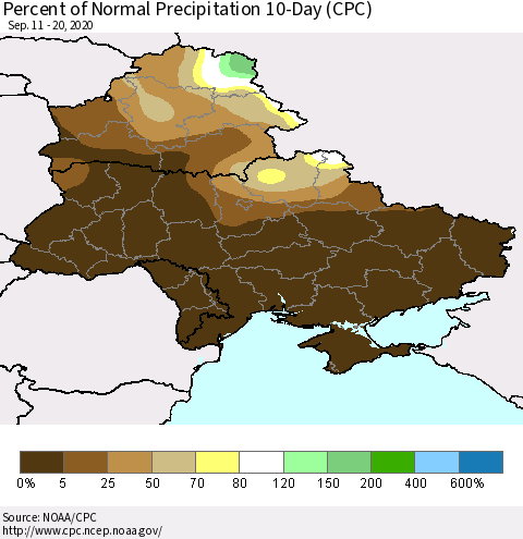 Ukraine, Moldova and Belarus Percent of Normal Precipitation 10-Day (CPC) Thematic Map For 9/11/2020 - 9/20/2020