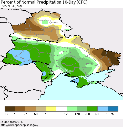 Ukraine, Moldova and Belarus Percent of Normal Precipitation 10-Day (CPC) Thematic Map For 9/21/2020 - 9/30/2020