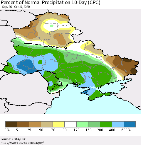 Ukraine, Moldova and Belarus Percent of Normal Precipitation 10-Day (CPC) Thematic Map For 9/26/2020 - 10/5/2020