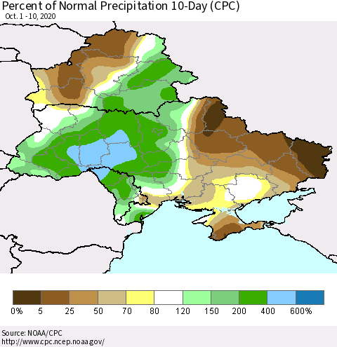 Ukraine, Moldova and Belarus Percent of Normal Precipitation 10-Day (CPC) Thematic Map For 10/1/2020 - 10/10/2020