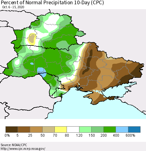 Ukraine, Moldova and Belarus Percent of Normal Precipitation 10-Day (CPC) Thematic Map For 10/6/2020 - 10/15/2020