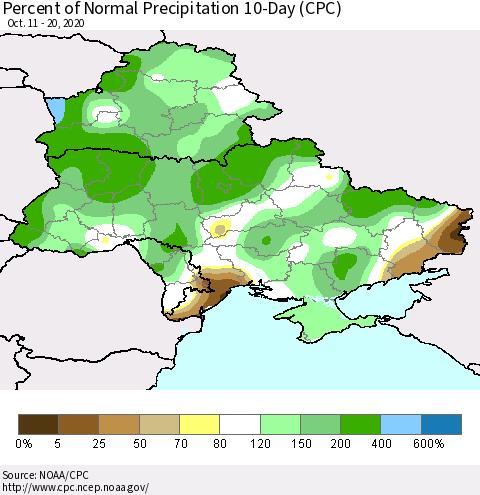 Ukraine, Moldova and Belarus Percent of Normal Precipitation 10-Day (CPC) Thematic Map For 10/11/2020 - 10/20/2020