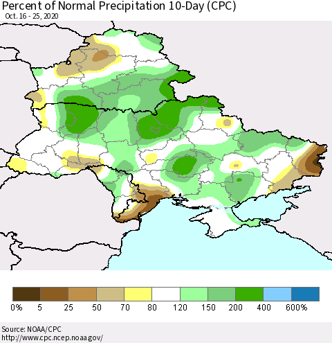 Ukraine, Moldova and Belarus Percent of Normal Precipitation 10-Day (CPC) Thematic Map For 10/16/2020 - 10/25/2020