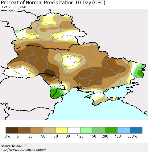Ukraine, Moldova and Belarus Percent of Normal Precipitation 10-Day (CPC) Thematic Map For 10/21/2020 - 10/31/2020