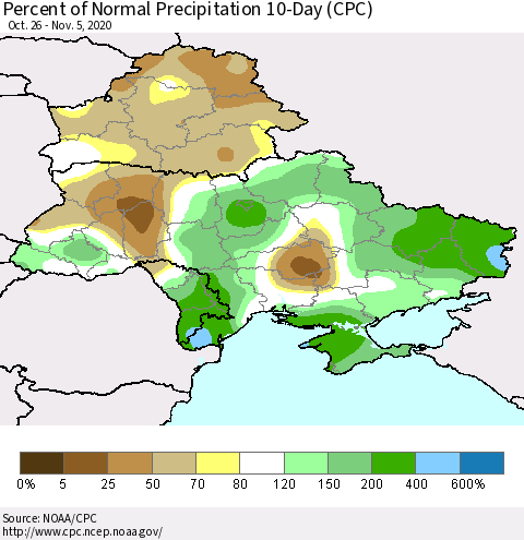 Ukraine, Moldova and Belarus Percent of Normal Precipitation 10-Day (CPC) Thematic Map For 10/26/2020 - 11/5/2020