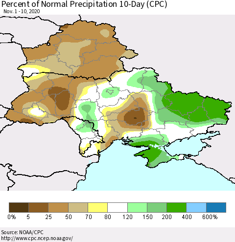 Ukraine, Moldova and Belarus Percent of Normal Precipitation 10-Day (CPC) Thematic Map For 11/1/2020 - 11/10/2020