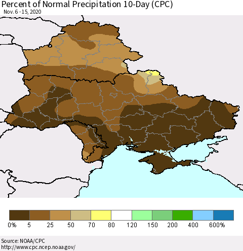 Ukraine, Moldova and Belarus Percent of Normal Precipitation 10-Day (CPC) Thematic Map For 11/6/2020 - 11/15/2020