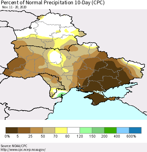 Ukraine, Moldova and Belarus Percent of Normal Precipitation 10-Day (CPC) Thematic Map For 11/11/2020 - 11/20/2020
