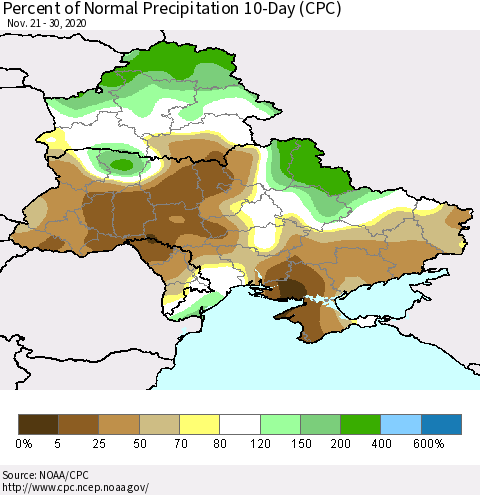 Ukraine, Moldova and Belarus Percent of Normal Precipitation 10-Day (CPC) Thematic Map For 11/21/2020 - 11/30/2020
