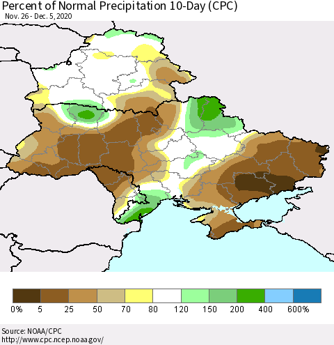 Ukraine, Moldova and Belarus Percent of Normal Precipitation 10-Day (CPC) Thematic Map For 11/26/2020 - 12/5/2020