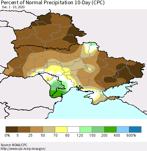 Ukraine, Moldova and Belarus Percent of Normal Precipitation 10-Day (CPC) Thematic Map For 12/1/2020 - 12/10/2020