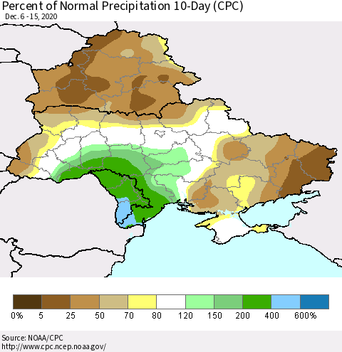 Ukraine, Moldova and Belarus Percent of Normal Precipitation 10-Day (CPC) Thematic Map For 12/6/2020 - 12/15/2020